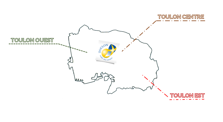 Carte de Toulon séparé en trois, Ouest, Centre et Est